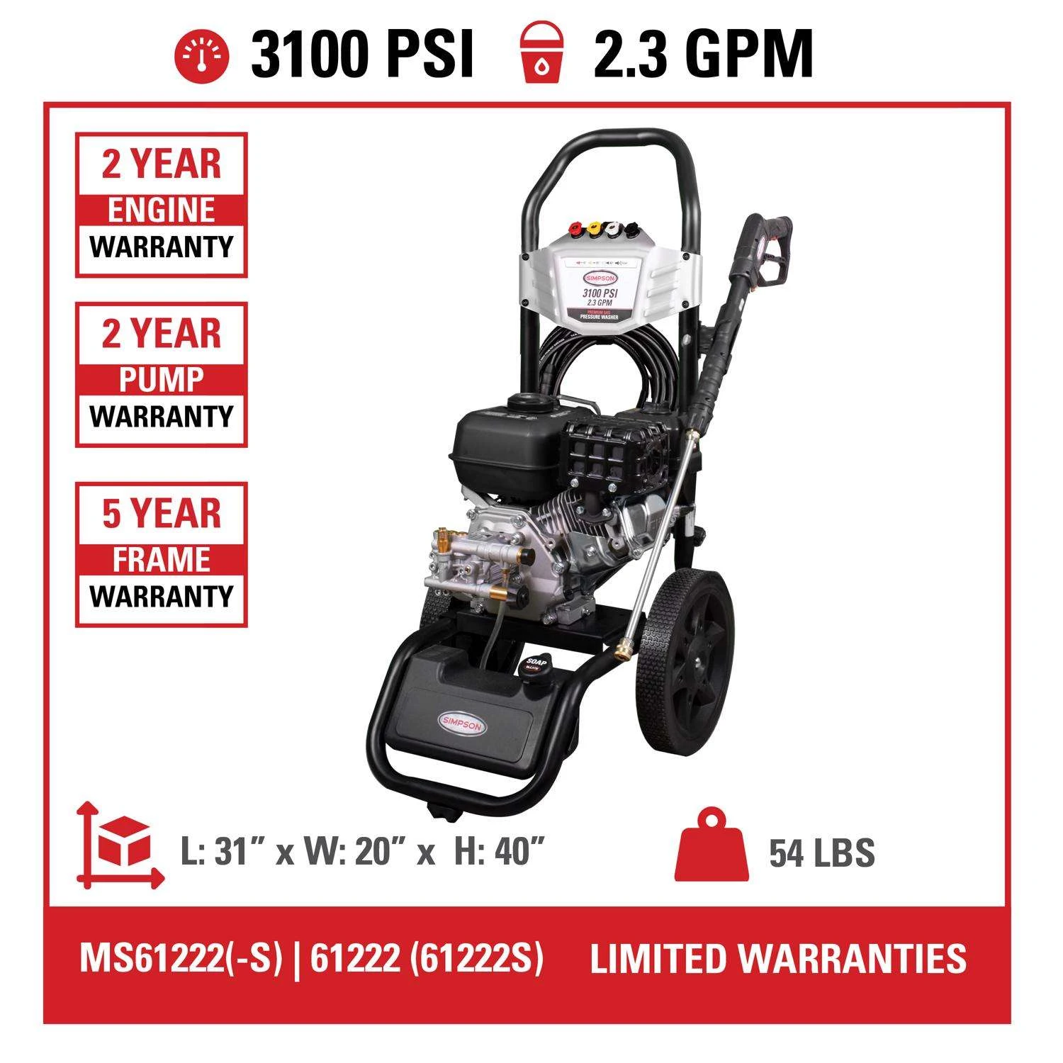 Simpson MegaShot MS61222 CRX 3100 Psi Gas 2.3 Gpm Pressure Washer 7 Simpson MegaShot MS61222 CRX 3100 Psi Gas 2.3 Gpm Pressure Washer - Image 5
