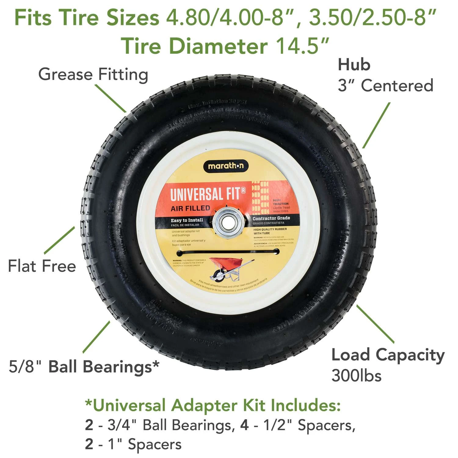 Marathon Universal Fit 8 In. D X 14.5 In. D 300 Lb. Cap. Centered Wheelbarrow Tire Polyurethane 1 Pk 5 Marathon Universal Fit 8 In. D X 14.5 In. D 300 Lb. Cap. Centered Wheelbarrow Tire Polyurethane 1 Pk - Image 3